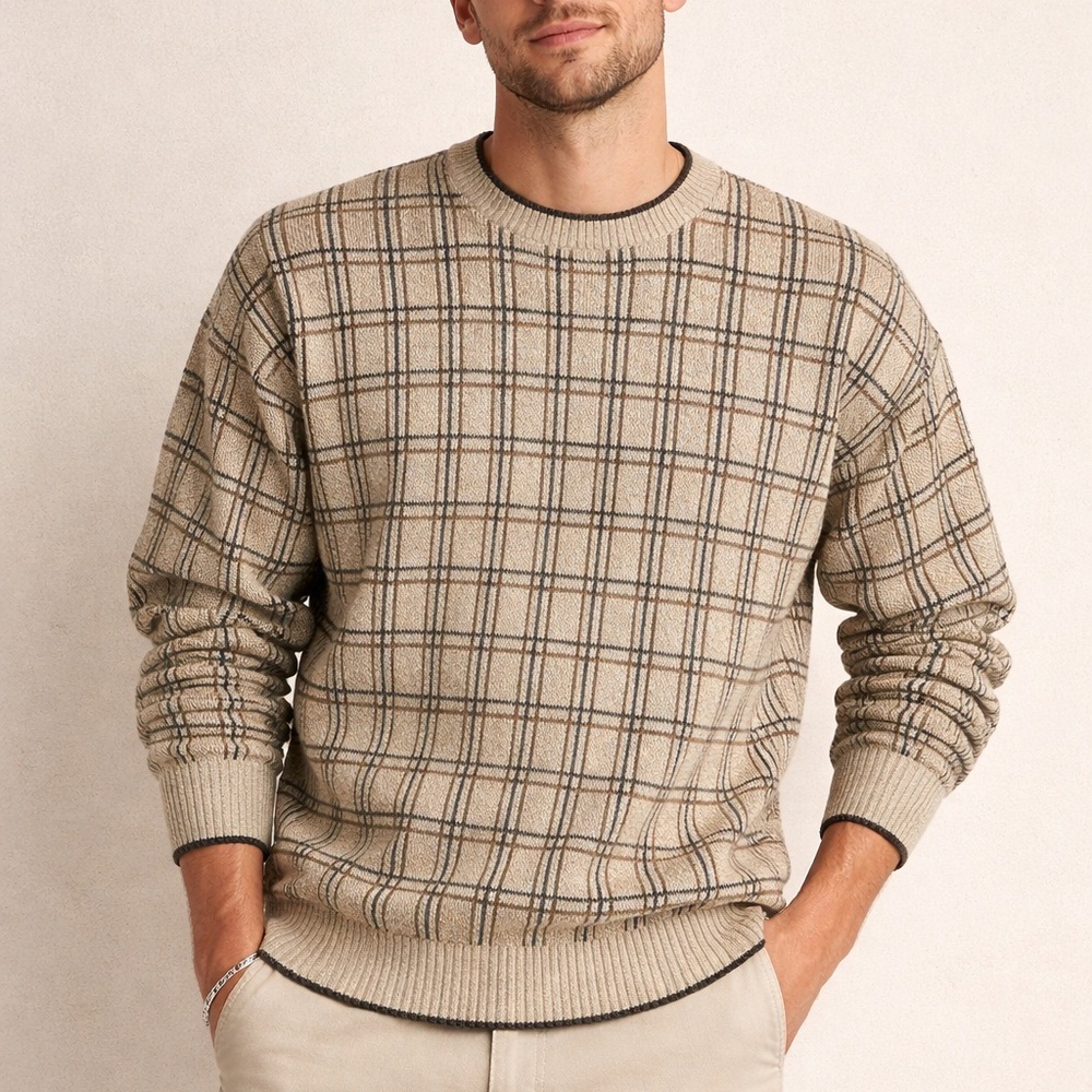 Liberty Sweaters Men's Wheat Brown Checkered Crew Sweater Size M Cotton USA EUC
